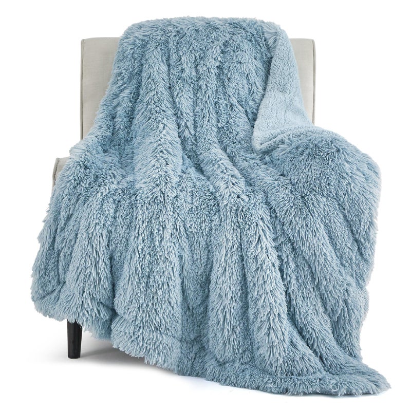 Bedsure Soft Fuzzy Faux Fur Blankets Queen Size Blue - Cozy  Fluffy  Plush Sherpa Fleece Blanket  Furry  Shaggy Blanket for Couch  Bed  Sofa  Thick Warm Blankets for Women  90x90 Inches  640 GSM - Image 5