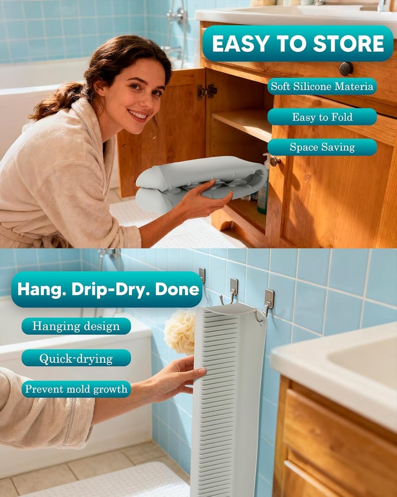 Duseu 24 Inch Bathtub Splash Guard for Kids, Silicone Bath Tub Tray with 10 Strong Suction Cups, Bathtub Shelf Toy Holder, Prevent Water Spills in Bathroom, Easy Clean & Fold, Grey - Image 2