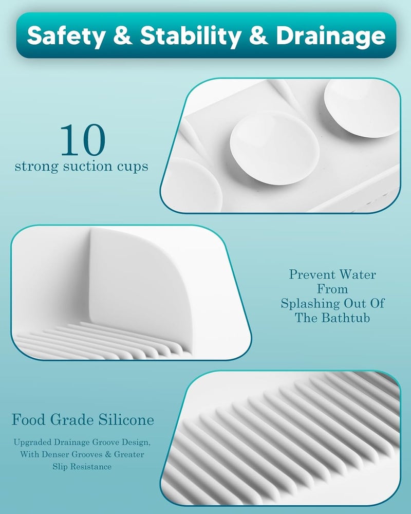 Duseu 24 Inch Bathtub Splash Guard for Kids, Silicone Bath Tub Tray with 10 Strong Suction Cups, Bathtub Shelf Toy Holder, Prevent Water Spills in Bathroom, Easy Clean & Fold, Grey - Image 3