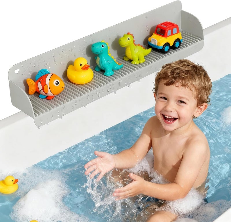 Duseu 24 Inch Bathtub Splash Guard for Kids, Silicone Bath Tub Tray with 10 Strong Suction Cups, Bathtub Shelf Toy Holder, Prevent Water Spills in Bathroom, Easy Clean & Fold, Grey - Image 1