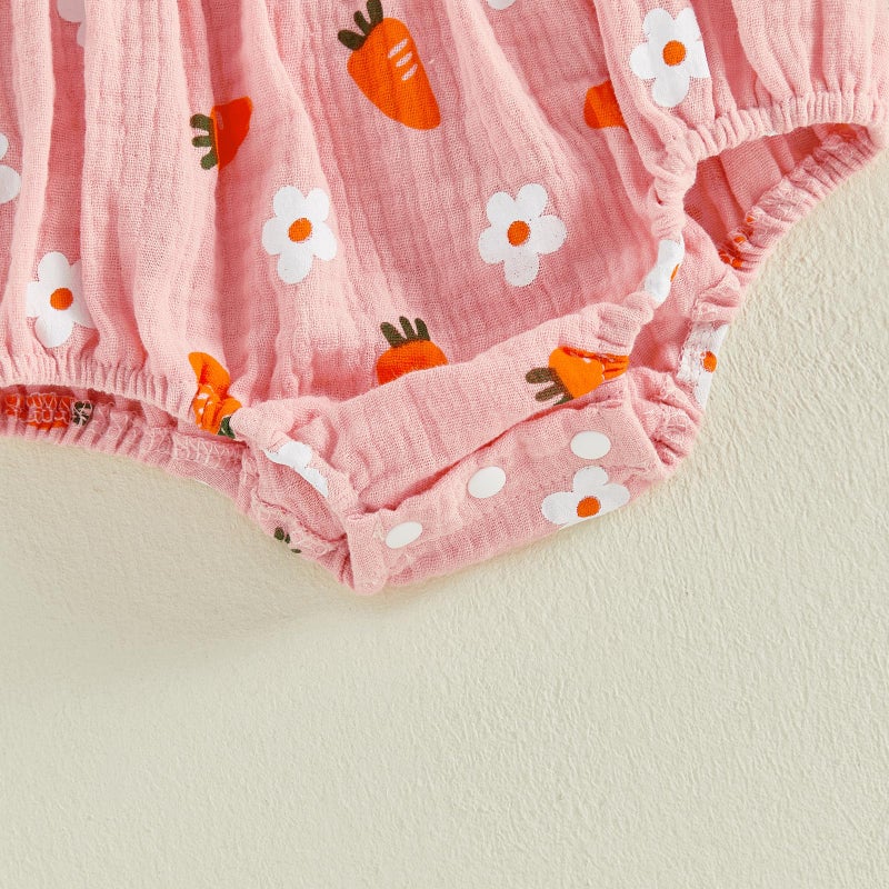 Lamuusaa Newborn Baby Girl Easter Outfit Smocked Bunny/Carrot Romper Cotton Linen Bodysuit Headband Summer Clothes 0-18M (Beige-Carrot, 3-6 Months) - Image 5