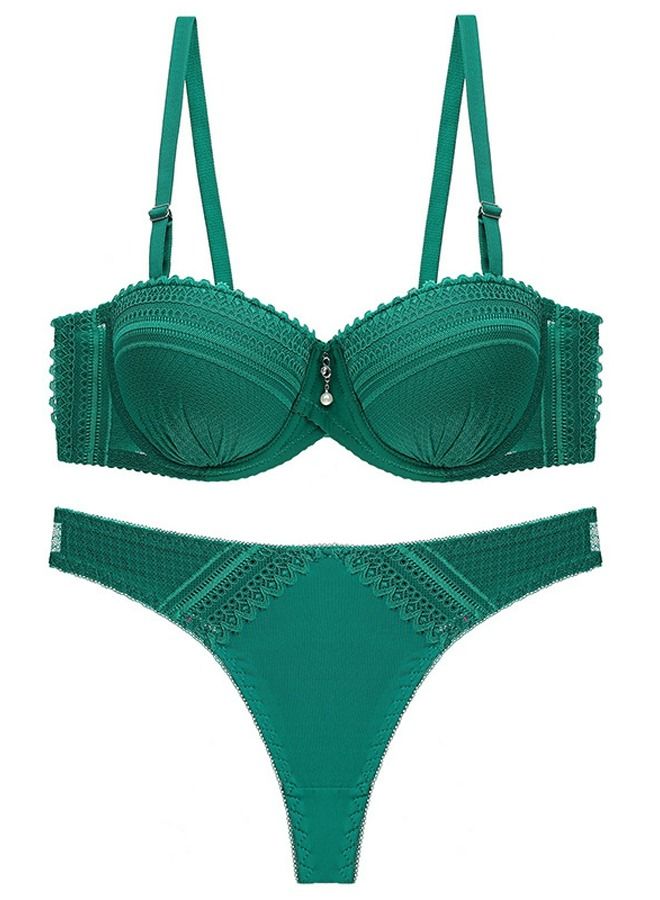 Solid Color B C Cup Thin Cup Lace Bra Panty Set Green 