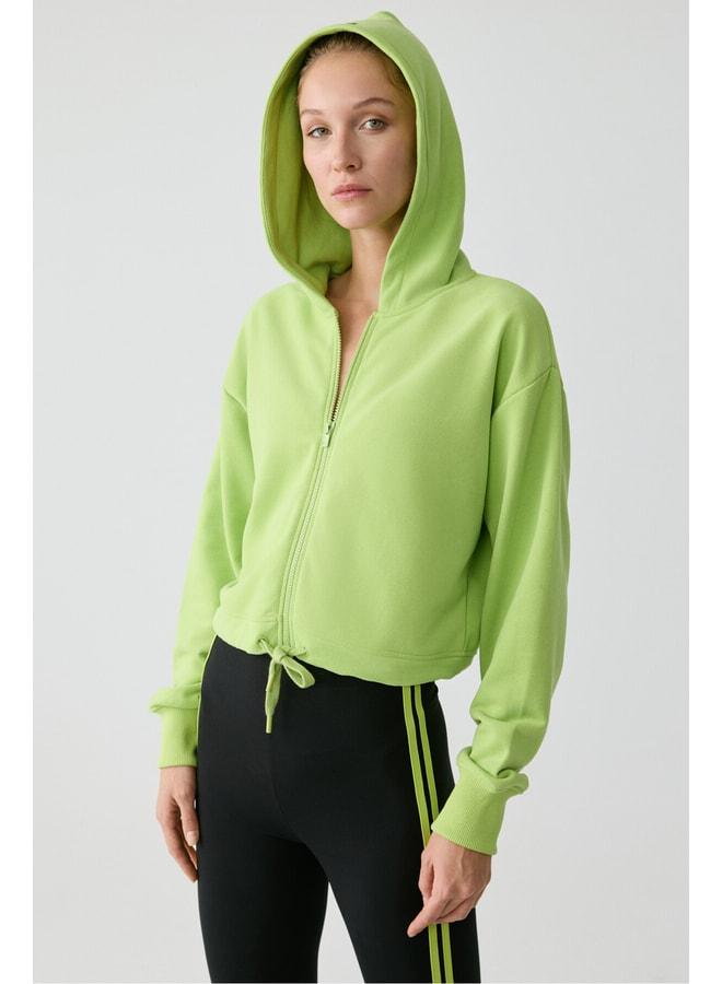 URBAN BEAT Tıanna Women's Hooded Long-Sleeved Zip-Up Relaxed-Fit Pistachio Green Sweatshirt. - Image 1