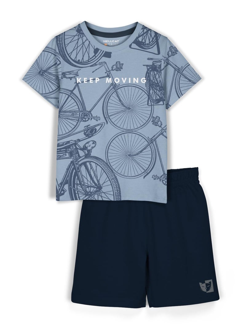 HELLCAT Boys Cotton Blend Printed Dress Clothing Set Combo with Tshirts & Shorts - Pack 1 Bluish Grey 11-12 Years - Image 1