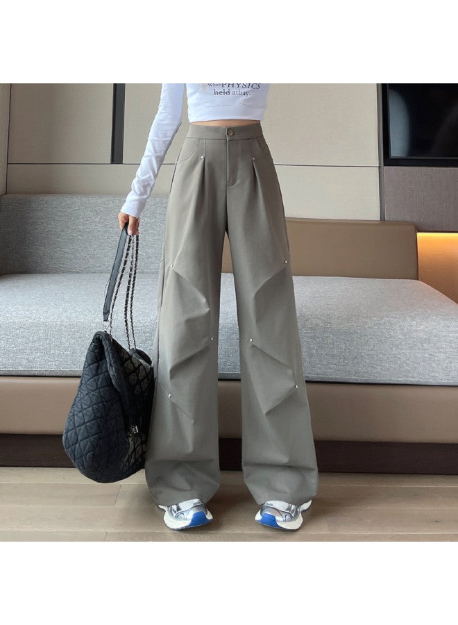 TonLion High-waisted Loose Korean Style Cargo Wide-leg Pants - Summer Thin Stretchy Versatile Solid Color Floor-length Casual Trousers - Image 5