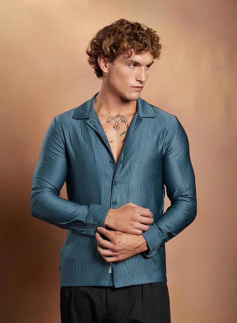 Campus Sutra Campus Sutra Men's Indigo Blue Satin Cuban Shirt For Casual Wear | Cuban Collar | Long Cuffed Sleeves | Button Closure | Shirt Crafted With Comfort Fit For Everyday Wear