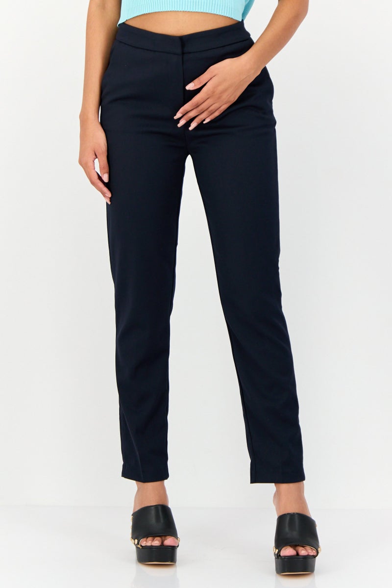 KOTON Women Regular Fit Solid Straight Leg Pants, Navy - Image 1