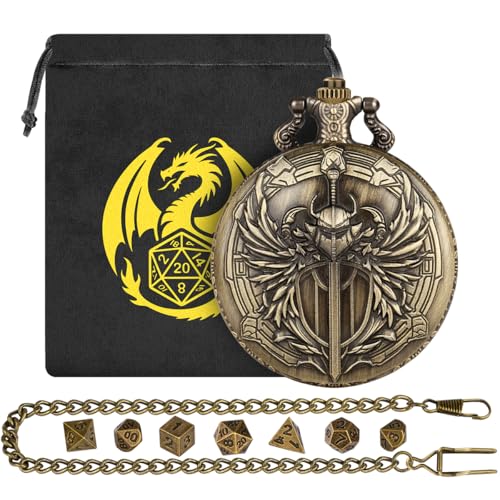 Keller & Weber Mini DND Dice Set with Steampunk Paladin Pocket Watch Shell Case DND Starter Set 7pcs Polyhedral Mini Metal Dice Set DND Gifts with Gift Bag Role Playing Board Game AccessoriesBronze - Image 1