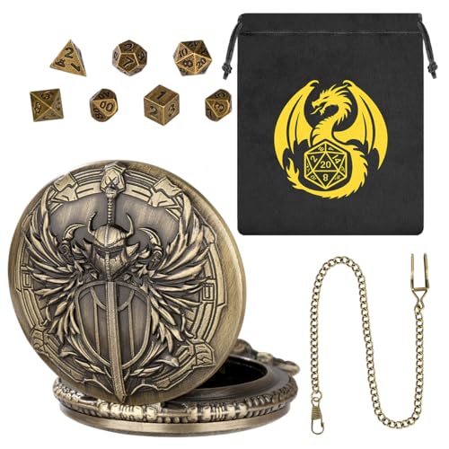 Keller & Weber Mini DND Dice Set with Steampunk Paladin Pocket Watch Shell Case DND Starter Set 7pcs Polyhedral Mini Metal Dice Set DND Gifts with Gift Bag Role Playing Board Game AccessoriesBronze - Image 5