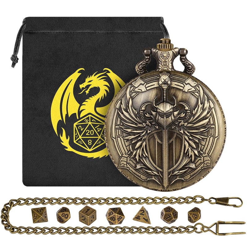 Keller & Weber Mini DND Dice Set with Steampunk Paladin Pocket Watch Shell Case DND Starter Set 7pcs Polyhedral Mini Metal Dice Set DND Gifts with Gift Bag Role Playing Board Game AccessoriesBronze - Image 3