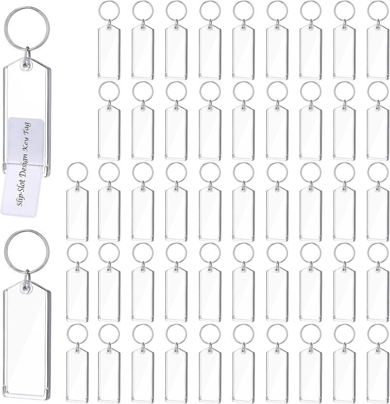 Clear Plastic Key Tags: 50 Pcs 3 Inch With Split Ring Chain - Slip Slot Photo Key Tags for ID Luggage Office Pet DIY Favor - Image 1