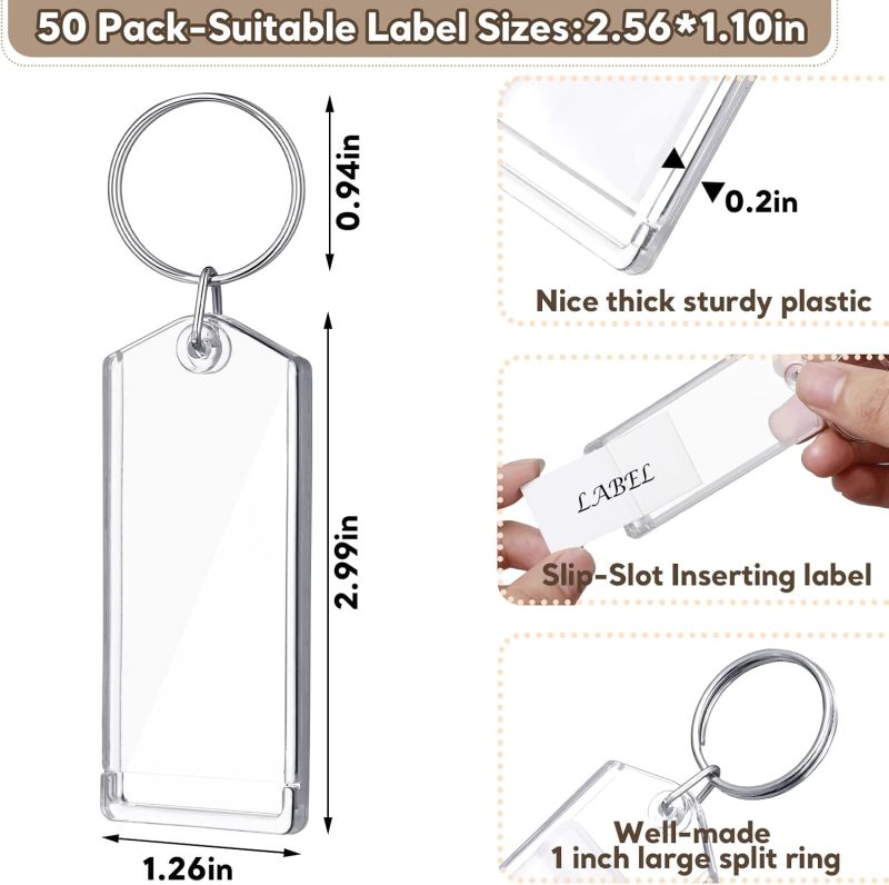 Clear Plastic Key Tags: 50 Pcs 3 Inch With Split Ring Chain - Slip Slot Photo Key Tags for ID Luggage Office Pet DIY Favor - Image 2