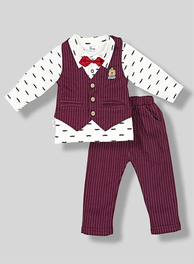 babyqlo Burgundy Striped Waistcoat Outfit With Bow Tie