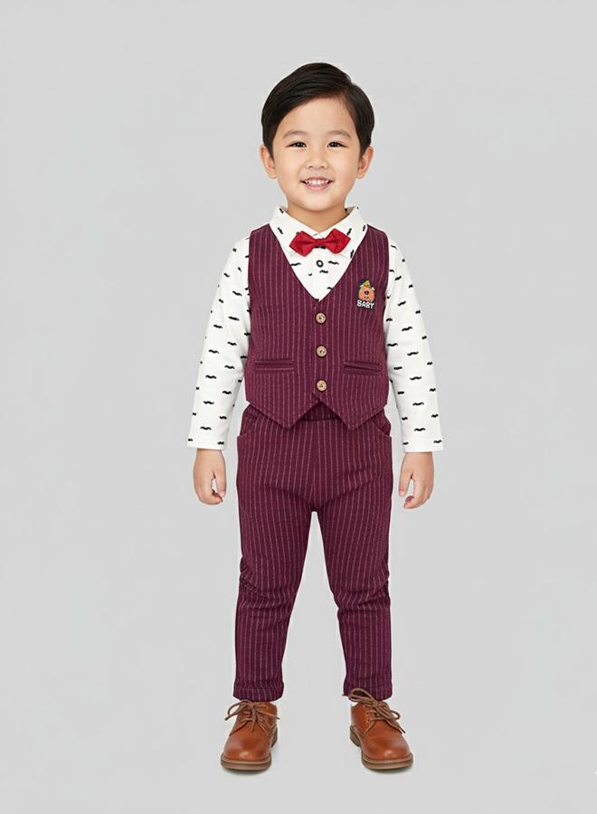 babyqlo Burgundy Striped Waistcoat Outfit With Bow Tie - Image 1