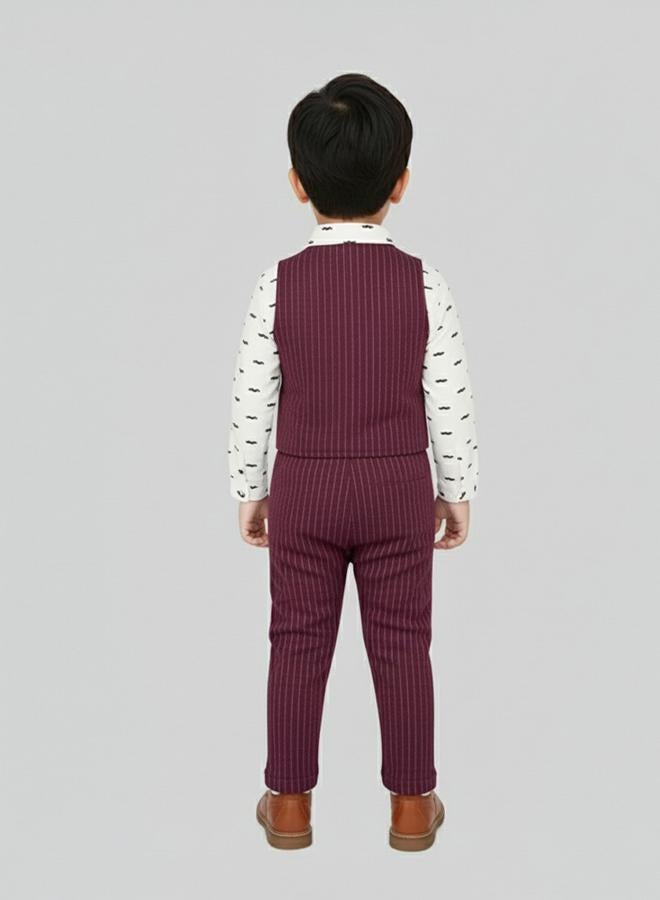 babyqlo Burgundy Striped Waistcoat Outfit With Bow Tie - Image 2