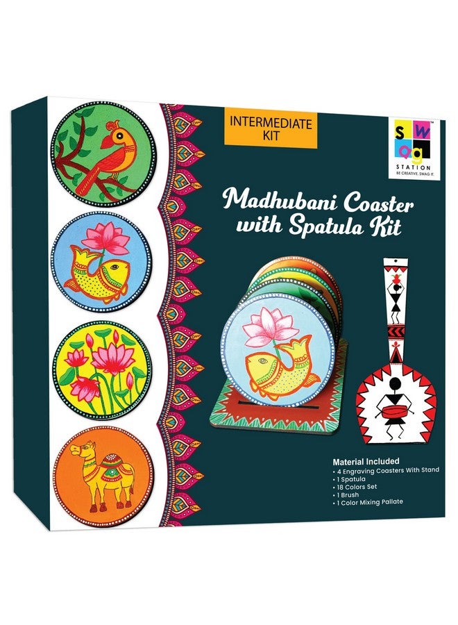Swagstation Madhubani Art Kit,Pre Marked Tea Coaster With Spatula For Painting,Birthday Gifts For Girls 9-12, Art Kit For Adults,Coaster With Spatula Kit - 07 - Brown - Image 2