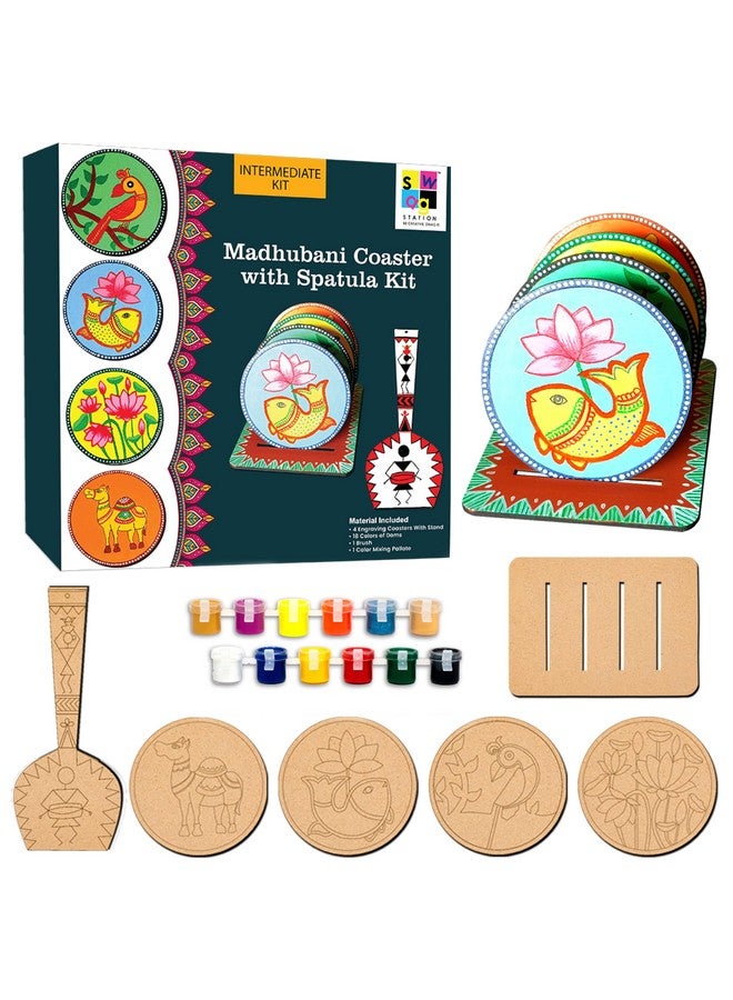 Swagstation Madhubani Art Kit,Pre Marked Tea Coaster With Spatula For Painting,Birthday Gifts For Girls 9-12, Art Kit For Adults,Coaster With Spatula Kit - 07 - Brown - Image 1