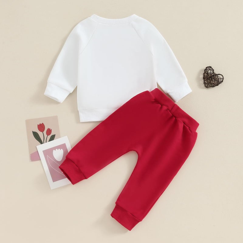 LouVasabuce Infant Baby Boy Valentines Day Clothes Outfit Letter Print Sweatshirt Top Elastic Waist Pants Set (White, 3-6 Months) - Image 3