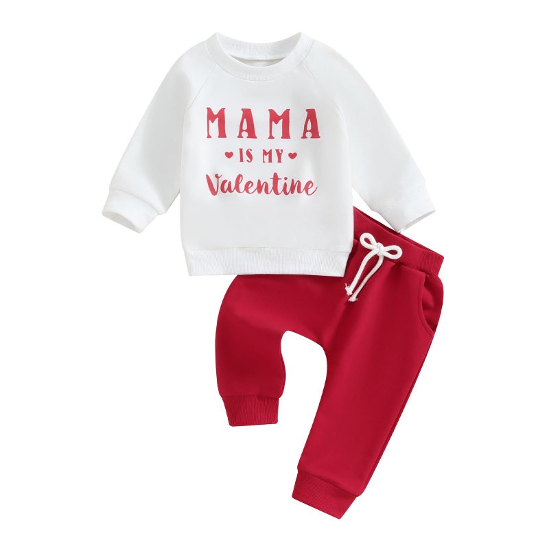 LouVasabuce Infant Baby Boy Valentines Day Clothes Outfit Letter Print Sweatshirt Top Elastic Waist Pants Set (White, 3-6 Months) - Image 1