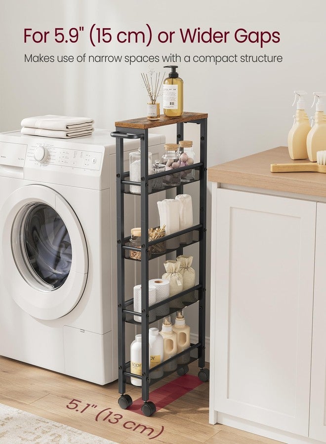 فاساجيل عربة تخزين نحيفة متحركة من VASAGLE، عربة تخزين بخمسة أرفف، عربات ضيقة بمقبض، عمق 5.1 بوصة، إطار معدني، للمطبخ، غرفة الطعام، غرفة المعيشة، المكتب المنزلي، بني ريفي وأسود كلاسيكي ULRC034B01 - Image 3