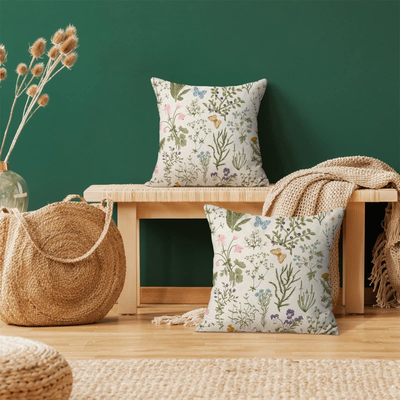 AEIOAE Spring Pillow Covers 18x18 Inch Set of 2,Sage Green Wild Flower Plant Throw Pillows Case,Seasonal Floral Outdoor Decorative Square Linen Farmhouse Decor Cushion Covers for Home Sofa Bed Couch - Image 2