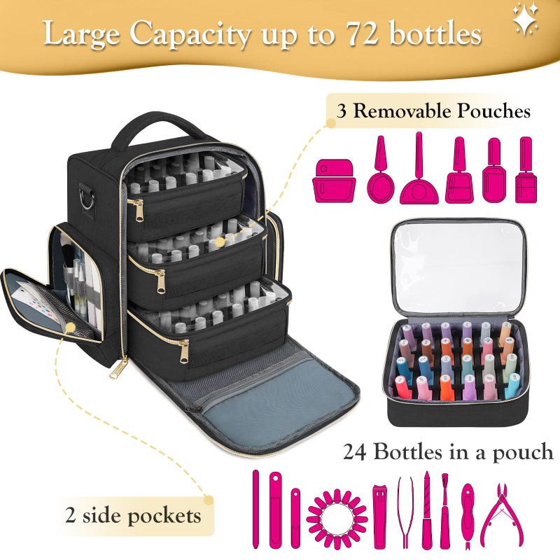 YOREPEK Nail Polish Organizer Holds Up to 72 Bottles (15ml-0.5 fl.oz) Nail Polish Carrying Case with 3 Removable Pouches and 4 Zippered Pockets for Manicure Tools, Supplies, Nail Lamp, Gifts for Women - Image 3
