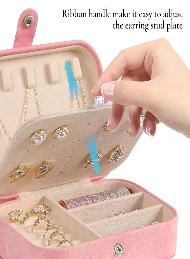 Hatori Travel Jewelry Box, PU Leather Small Jewelry Organizer for Women Girls, Portable Mini Travel Case Display Storage Holder Boxes for Stud Earrings, Rings, Necklaces, Bracelets (Pink Beige) - Image 4