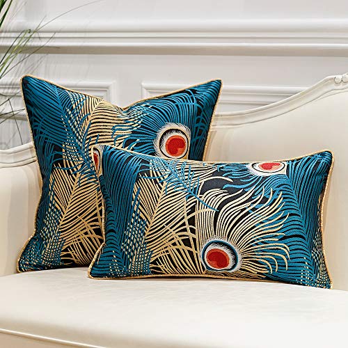 Avigers 12 x 20 Inches Navy Blue Gold Peacock Feathers Cushion Cases Luxury Throw Pillow Covers Home Decorative Pillows for Couch Sofa Living Room Bedroom Cars 30 x 50cm - Image 2