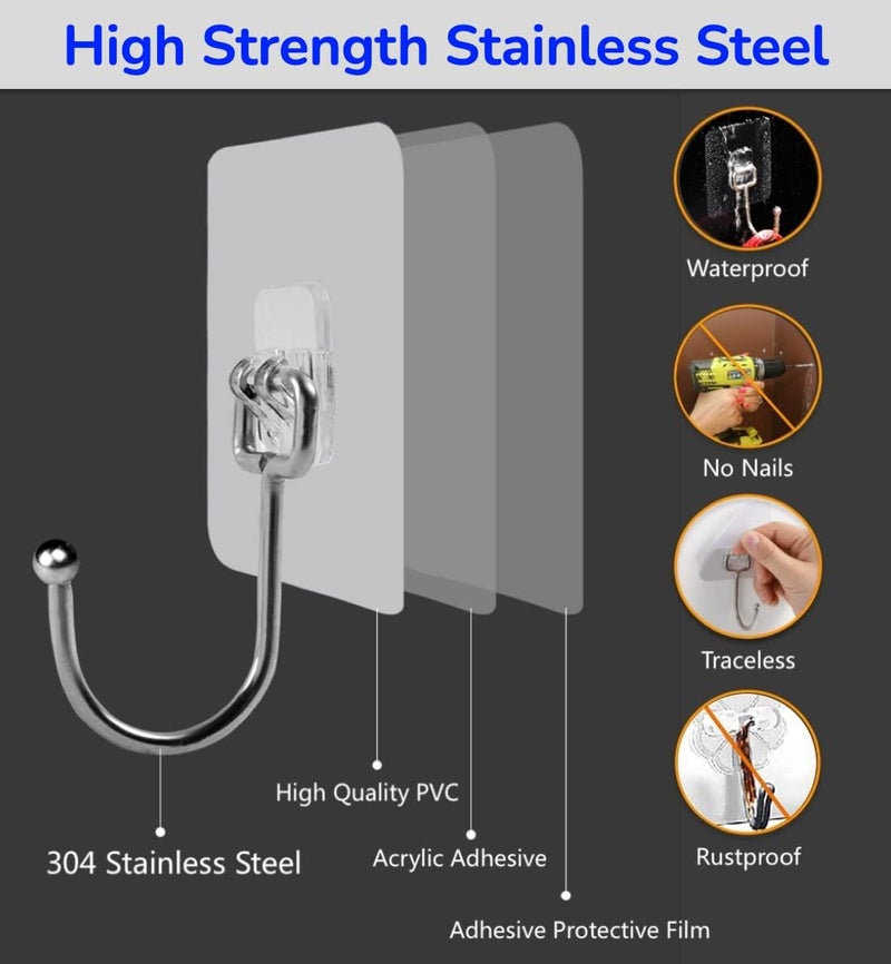 SZNKB Sticky Adhesive Hooks for Hanging Heavy Duty 44lbs(Max), Transparent Waterproof Oil-Proof and Rustproof Wall Hooks, Towel and Coats Hooks for Bathroom,Kitchen Home and Office, 12 Pack - Image 4
