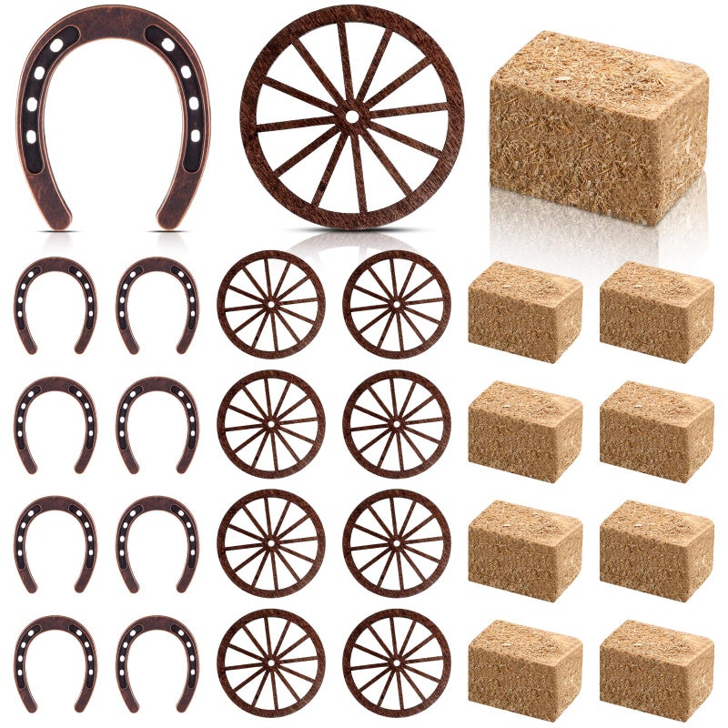Junkin Western Party Supplies Horseshoe Decor Wagon Wheel Crafts Mini Hay Bales Vintage Table Centerpieces for Lucky Horseshoe Wedding Party Favors Cowboy Birthday Decorations 24 Pieces