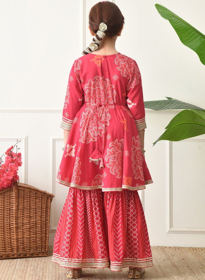 Indi-Loom Couture Girls Ethnic Motifs Printed Angrakha Gotta Patti Pure Cotton Kurta with Sharara - Image 5