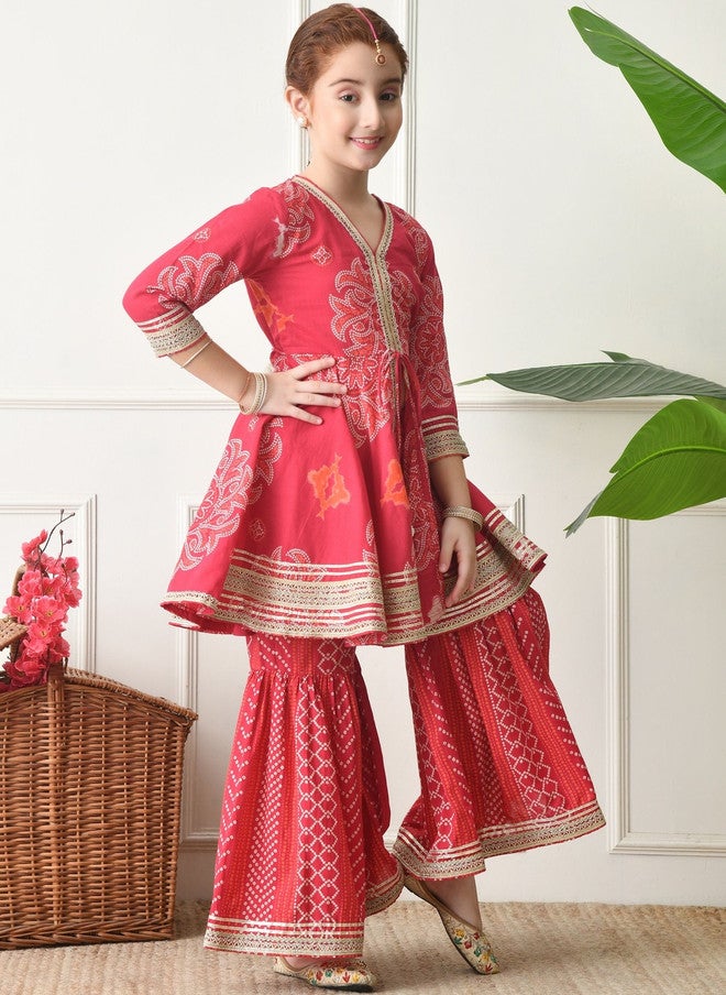 Indi-Loom Couture Girls Ethnic Motifs Printed Angrakha Gotta Patti Pure Cotton Kurta with Sharara - Image 2