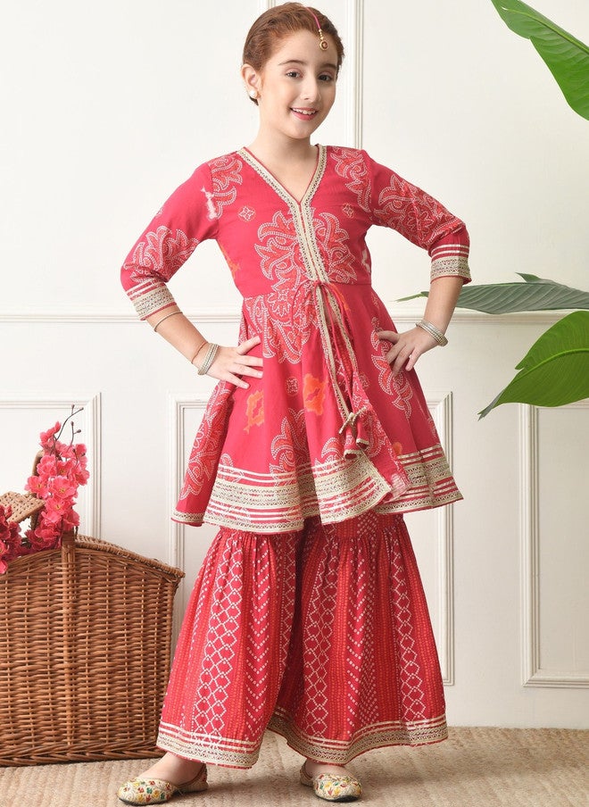 Indi-Loom Couture Girls Ethnic Motifs Printed Angrakha Gotta Patti Pure Cotton Kurta with Sharara - Image 1
