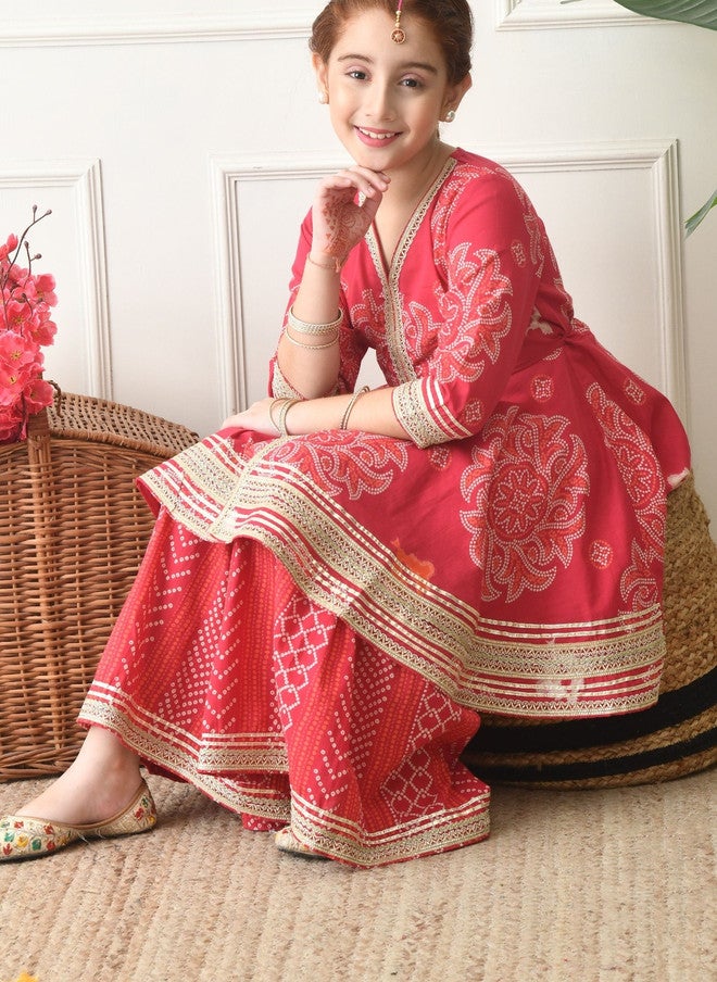 Indi-Loom Couture Girls Ethnic Motifs Printed Angrakha Gotta Patti Pure Cotton Kurta with Sharara - Image 4