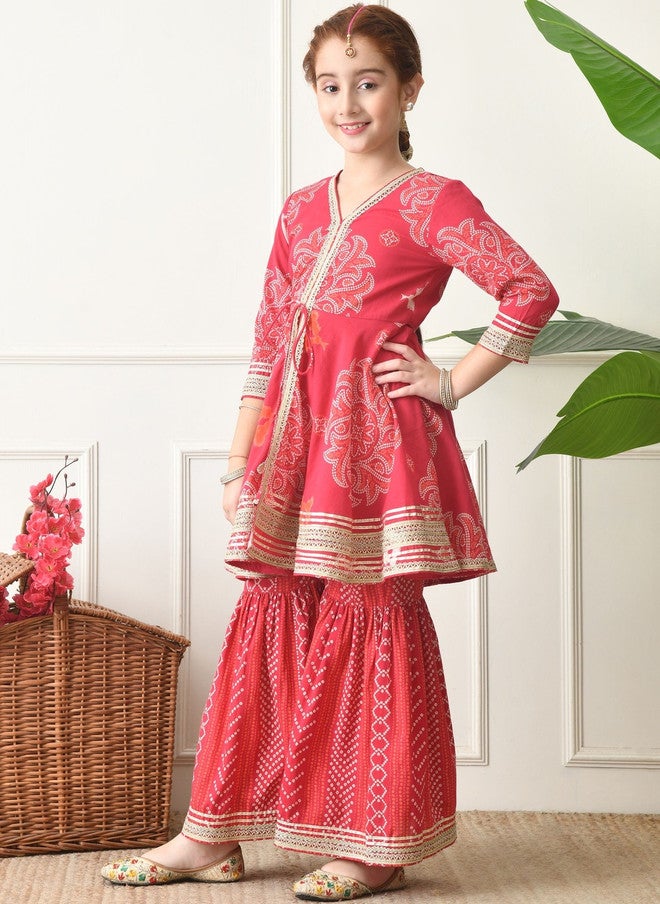 Indi-Loom Couture Girls Ethnic Motifs Printed Angrakha Gotta Patti Pure Cotton Kurta with Sharara - Image 3