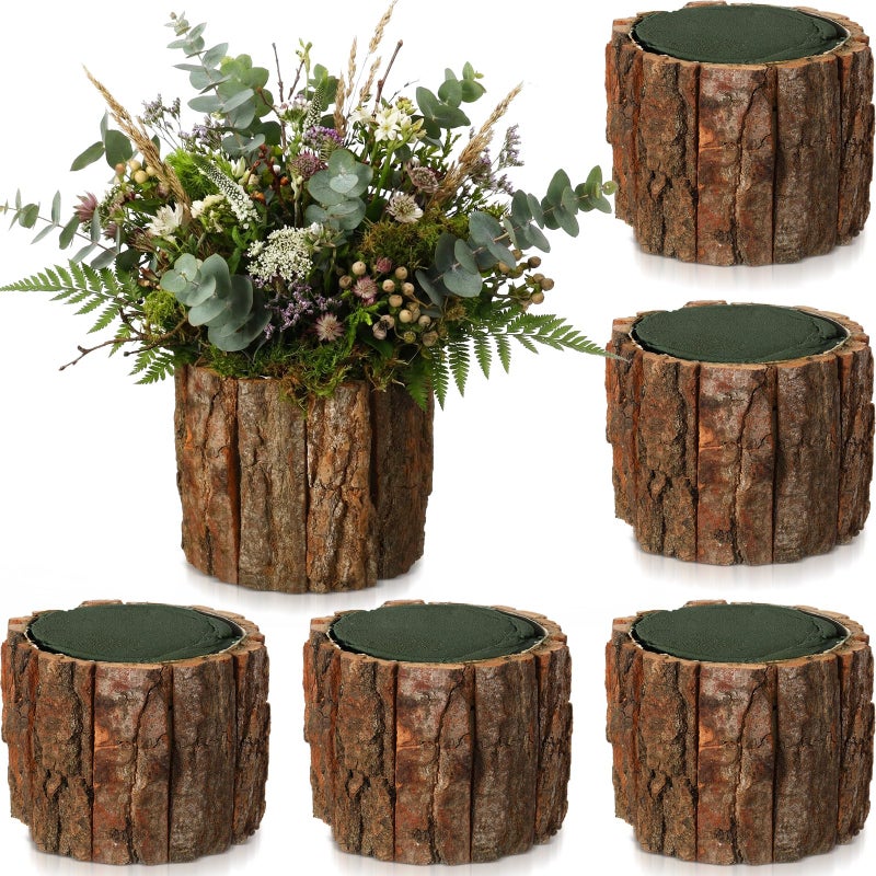 RimCereal 6 Set Wooden Vase for Centerpieces Wooden Flower Vase with Flower Mud Rustic Bark Stump Buckets Vintage Wood Planter Pots for Woodland Party Wedding Window Home Farmhouse Table Decor - Image 1