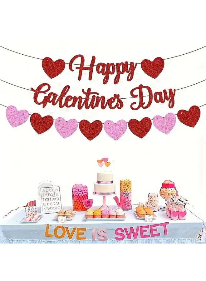 Happy Valentines Day Banner Garland Red Pink Glitter Hearts Romantic Wedding Party Decorations - Image 1