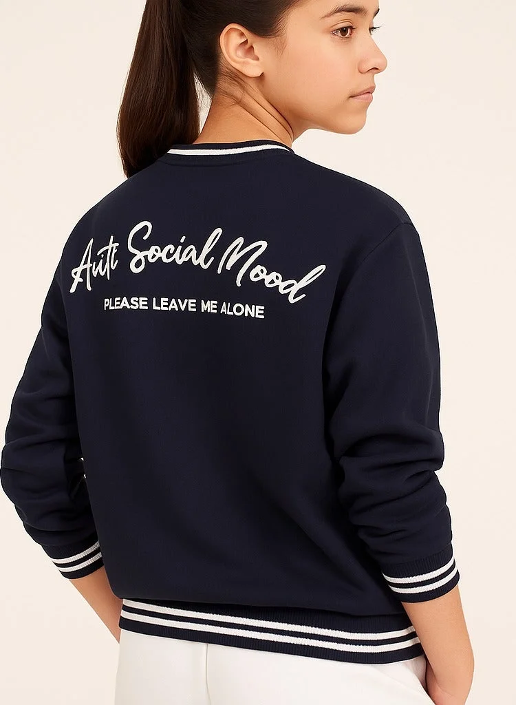 victor and jane V-Neck "Anti Social Mood" Sweatshirt – Navy | 100% Cotton Fleece |