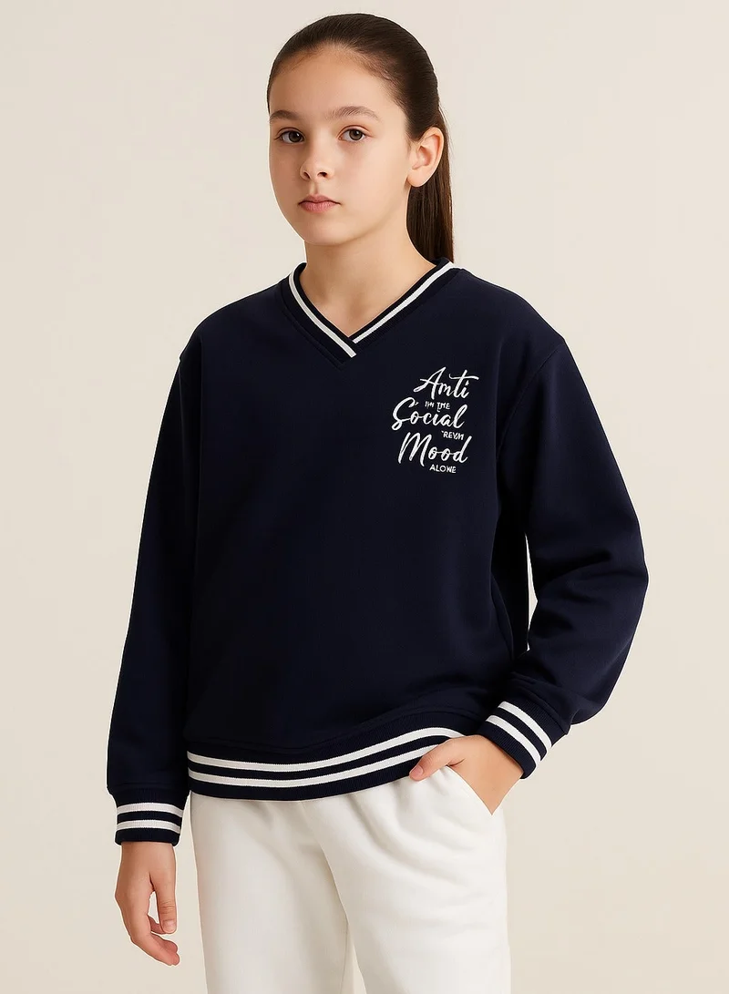 victor and jane V-Neck "Anti Social Mood" Sweatshirt – Navy | 100% Cotton Fleece |