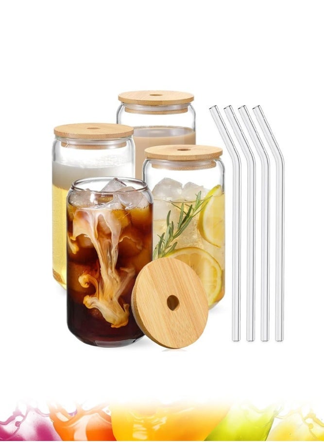 BELLSBERRY 4 Pack Glass Cups with Bamboo Lids and Straws, 16OZ Drinking Tumblers for Iced Coffee, Tea and Latte - Image 1