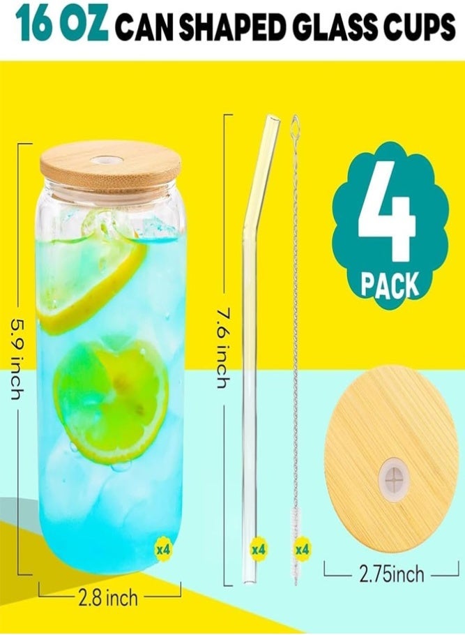 BELLSBERRY 4 Pack Glass Cups with Bamboo Lids and Straws, 16OZ Drinking Tumblers for Iced Coffee, Tea and Latte - Image 2