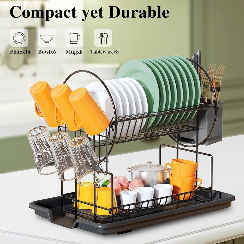 Glaceon Rust Proof Dish Drying Rack2 Tier Large Dish Rack for Kitchen CounterDish Rack with DrainboardUtensil Holder Cup HolderCutlery Basket 339 Dish Rack - Image 3