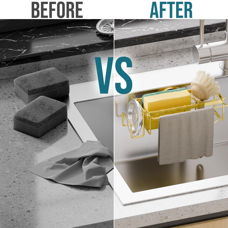 TAILI Sponge Holder with Strong Suction Cup, 4-in-1 Rustproof Sink Organizer - Sink Caddy Holds Sponges, Brushes, Stoppers & Scrapers -Gold - Image 5
