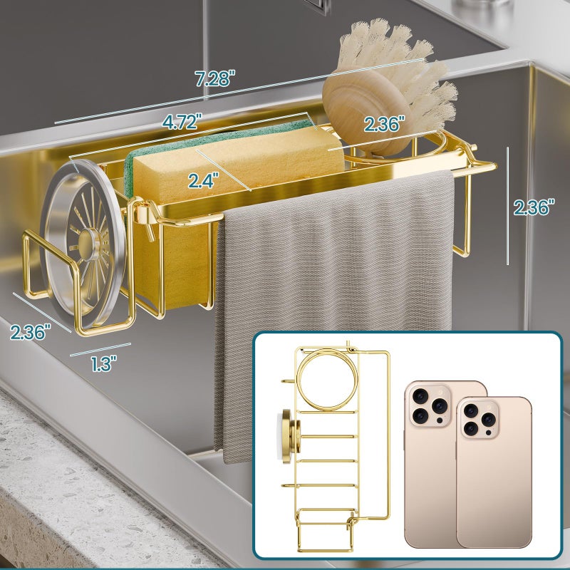 TAILI Sponge Holder with Strong Suction Cup, 4-in-1 Rustproof Sink Organizer - Sink Caddy Holds Sponges, Brushes, Stoppers & Scrapers -Gold - Image 2