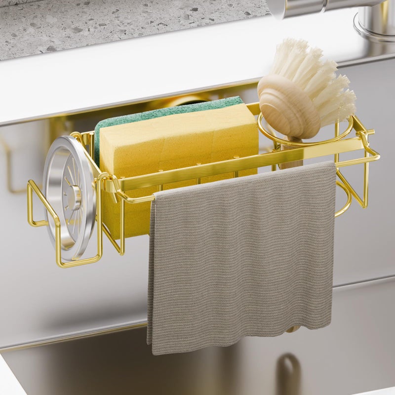 TAILI Sponge Holder with Strong Suction Cup, 4-in-1 Rustproof Sink Organizer - Sink Caddy Holds Sponges, Brushes, Stoppers & Scrapers -Gold - Image 1