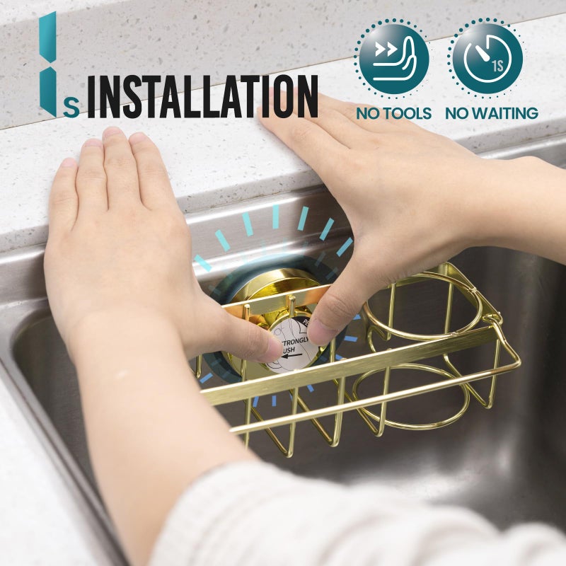 TAILI Sponge Holder with Strong Suction Cup, 4-in-1 Rustproof Sink Organizer - Sink Caddy Holds Sponges, Brushes, Stoppers & Scrapers -Gold - Image 3