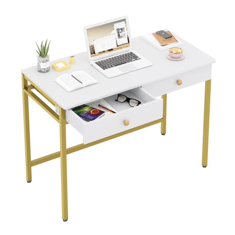 Weehom Computer Desk with Drawers Home Office Desk for Writing Studying and Gaming  Sturdy and Spacious Workstation for PC and LaptopWhite and Gold