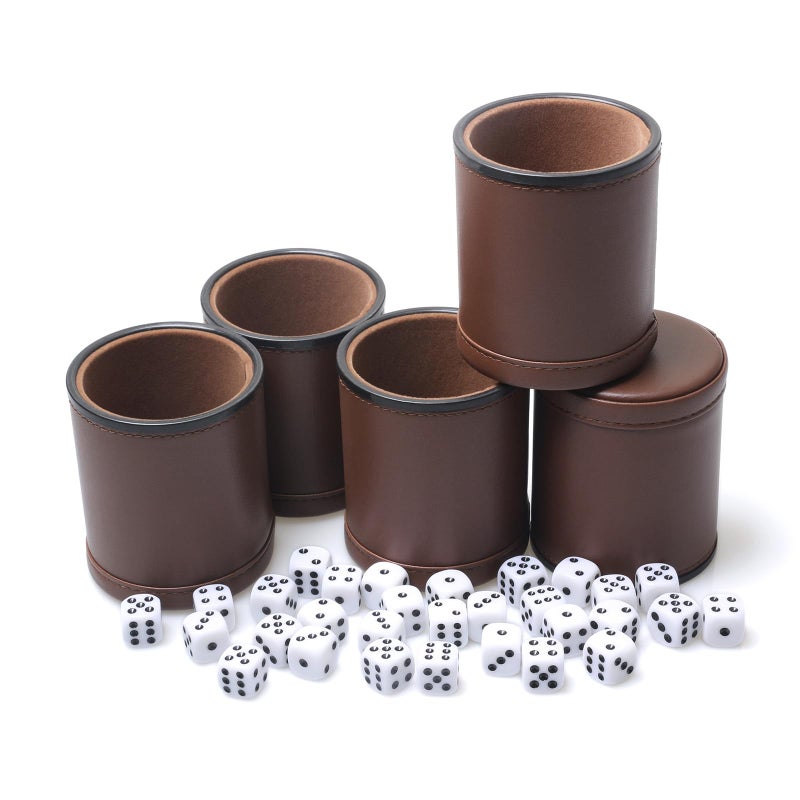 RERIVER 5 Pack PU Leather Dice Cups Velvet FeltLined Shaker Cups with 25 Dot Dice for Bar Party Yahtzee Farkle Dice Games Brown - Image 3