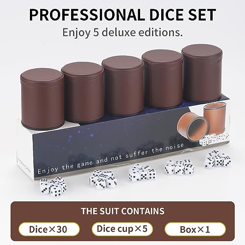 RERIVER 5 Pack PU Leather Dice Cups Velvet FeltLined Shaker Cups with 25 Dot Dice for Bar Party Yahtzee Farkle Dice Games Brown - Image 5