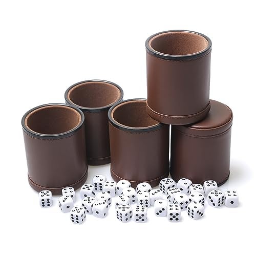 RERIVER 5 Pack PU Leather Dice Cups Velvet FeltLined Shaker Cups with 25 Dot Dice for Bar Party Yahtzee Farkle Dice Games Brown - Image 1